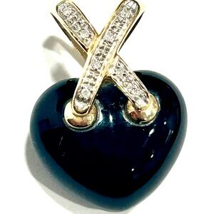 14K gold onyx diamonds black puffy heart pendant